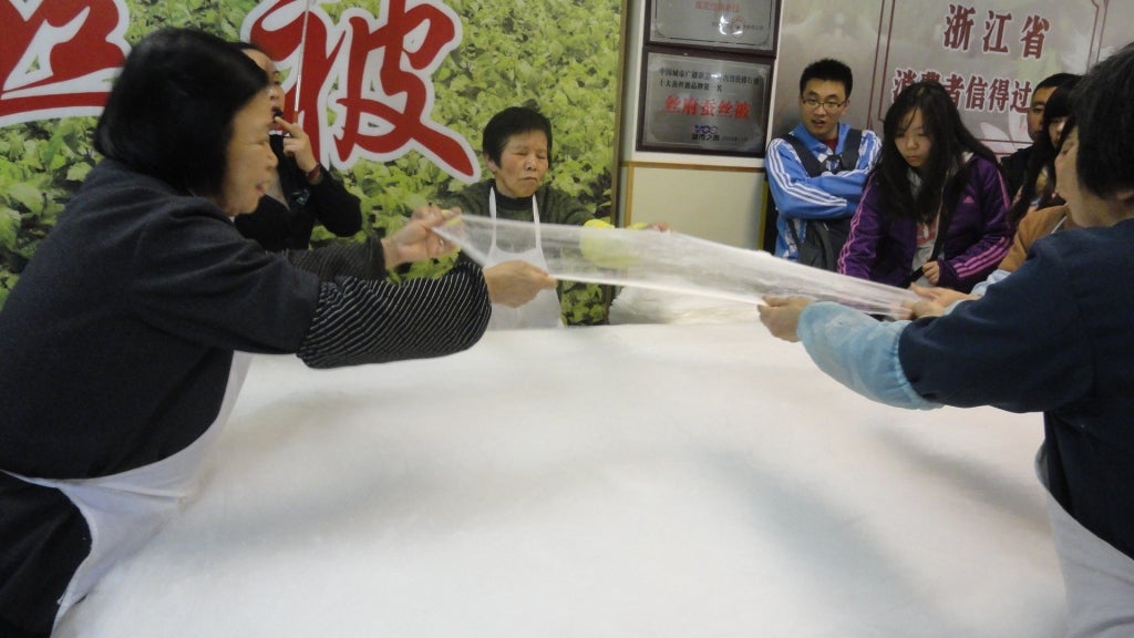 Traditional way of making silk quilts near Hangzhou