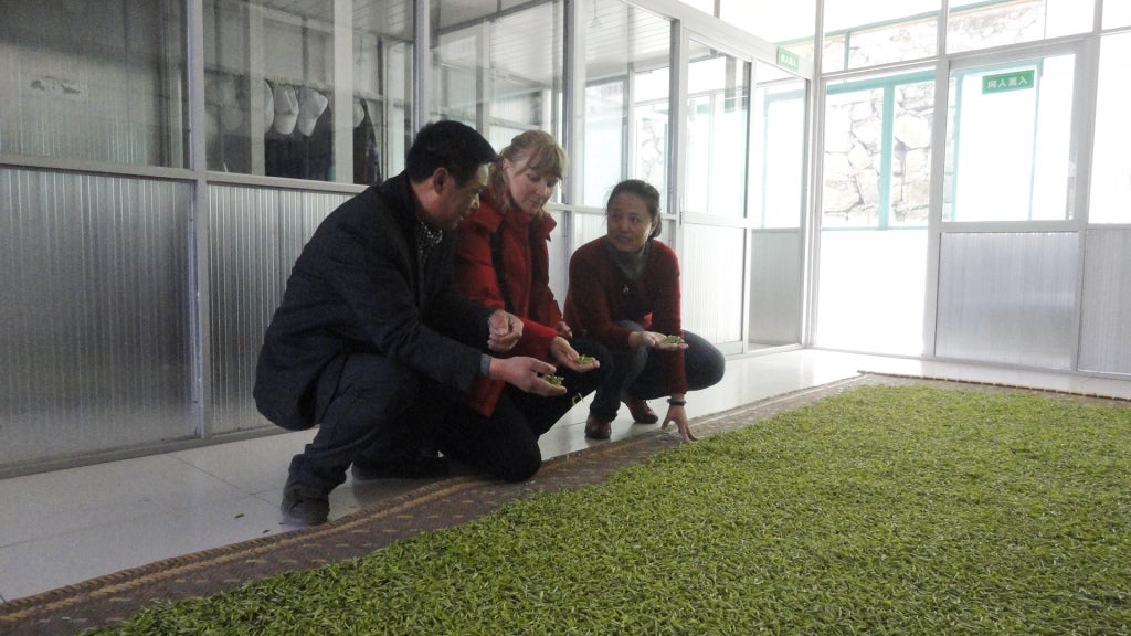 Tea leaves drying up at Jingshan Organic Tea Farm near Hangzhou