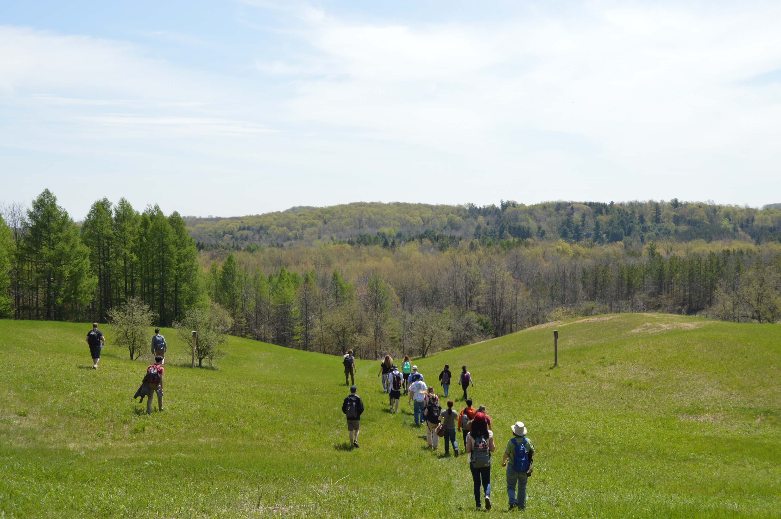Students walking down a hill