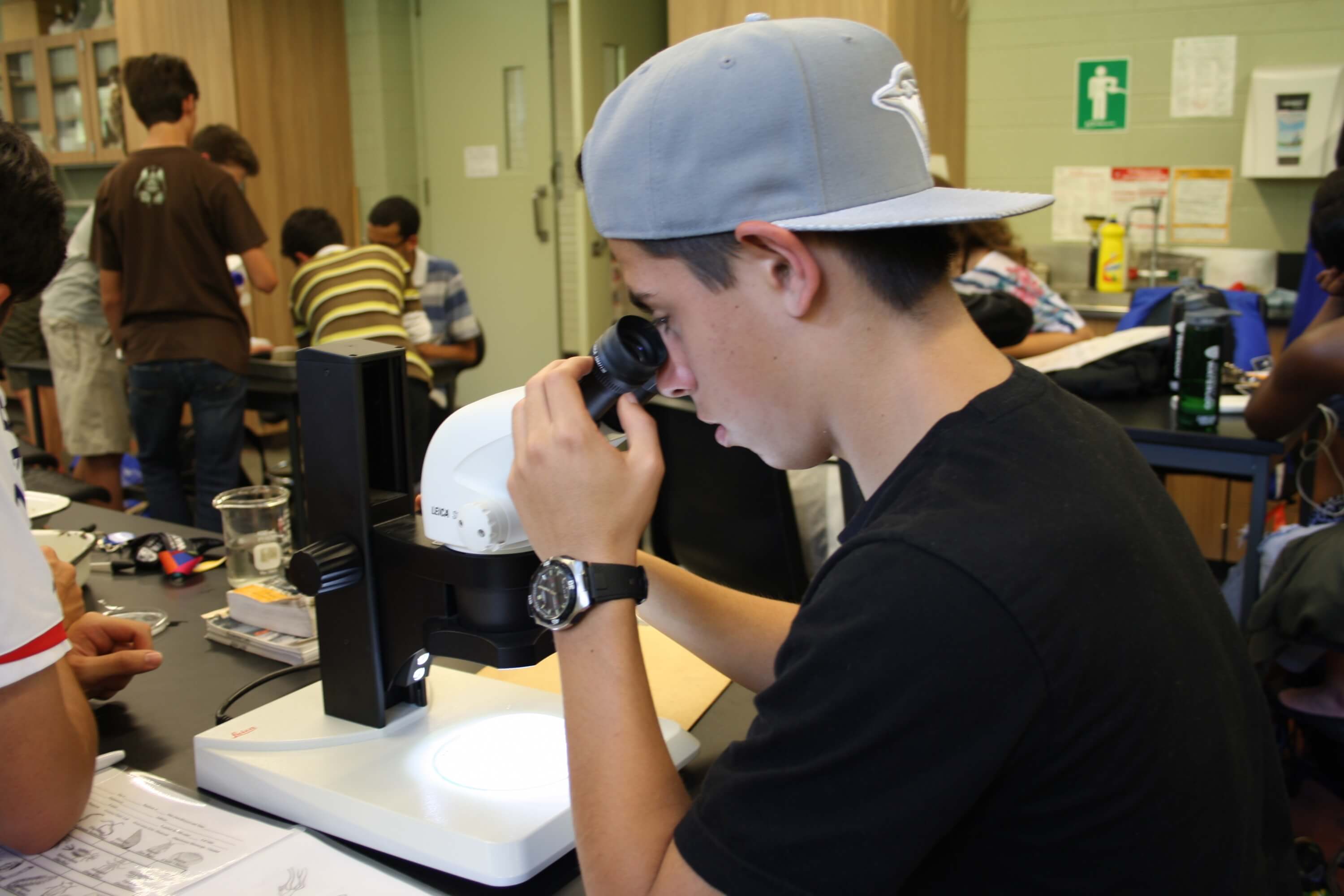 Student looking through microscope 