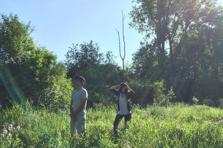 Students in woodlot looking at birds