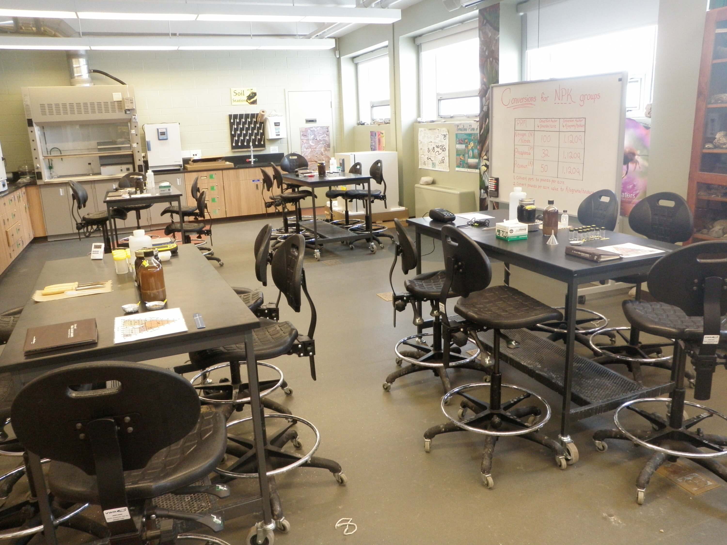 Photo of the lab, with all soil lab equipment laid out