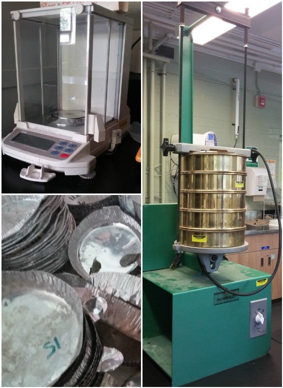 sieve shaker, analytical scale, soil tins