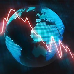 A declining line graph in front of a globe indicating world economy