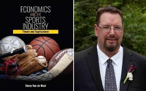Image of Corey Van de Waal and the book cover of economics and the sports industry