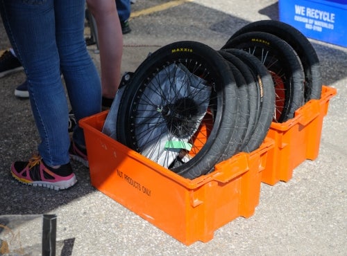 Spare tires sitting in a box