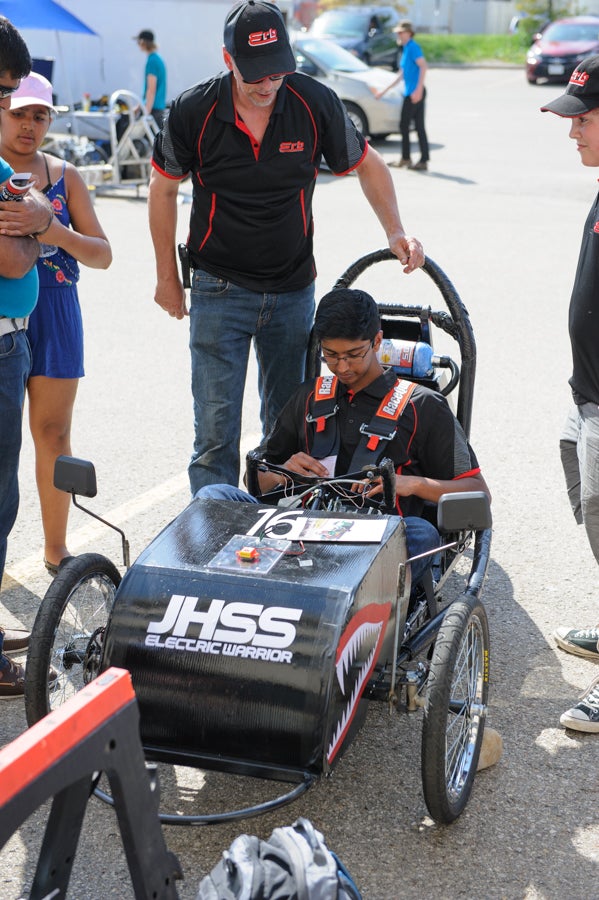 Student strapped into his vehicle