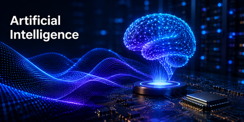AI-generated illustration of a glowing digital brain above a circuit board, surrounded by flowing data waves in blue and purple tones, representing artificial intelligence research.