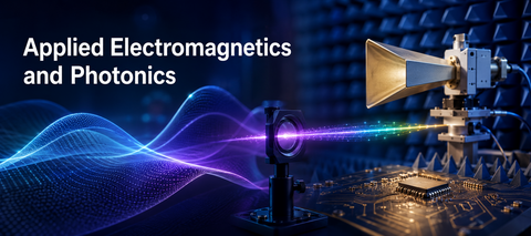 AI-generated conceptual illustration of Applied Electromagnetics and Photonics featuring electromagnetic waves, photonic optics, RF instrumentation, and microelectronics. This image is a symbolic representation of the research area and not a photograph of actual University of Waterloo facilities.