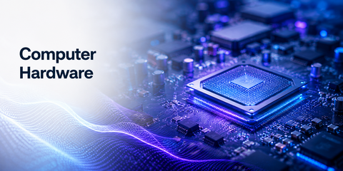 AI-generated illustration of a computer processor and electronic circuitry on a motherboard, representing computer hardware research.