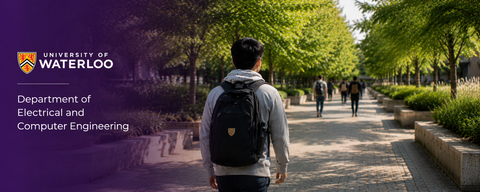 AI-generated banner image of a fictional graduate student walking along a pathway with Department of Electrical and Computer Engineering branding at the University of Waterloo.