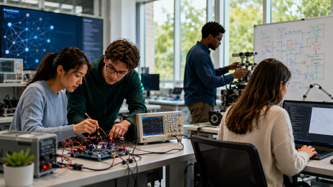 AI-generated illustration depicting researchers collaborating in a modern electrical and computer engineering laboratory, working with electronics, robotics, and computer systems. This conceptual image represents the department's broad research activities and does not show an actual lab or researchers.
