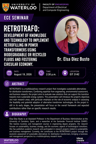 Seminar poster for Dr. Elsa Diez Busto’s RETROTRAFO presentation on sustainable alternatives for power transformers. The seminar takes place August 19, 2026 at 2:30 p.m. in EIT 3142.