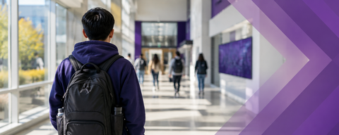 AI-generated image of a graduate student with a backpack walking through a bright university building, representing a new student beginning their graduate studies.