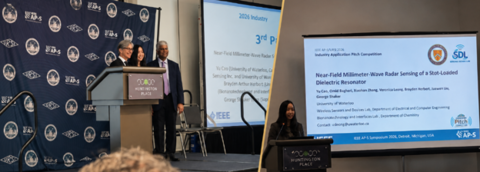 Veronica Leong presenting their research to a panel of industry leaders during the 2026 IEEE AP-S/URSI Symposium.