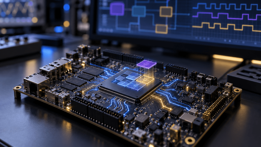AI-generated illustration of an FPGA development board with glowing circuitry and modular components representing partial reconfiguration, simulation and hardware deployment.