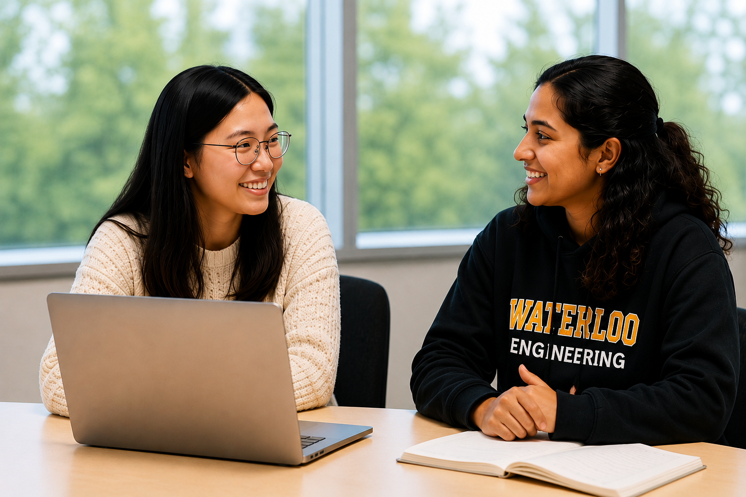 AI-generated image of two ECE graduate students smiling and talking at a table with a laptop and notebook.