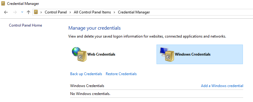 credential manager window