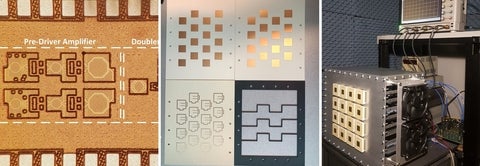 Millimetre-wave integrated circuit, antenna panels, and a 16-element phased array under test in the anechoic chamber