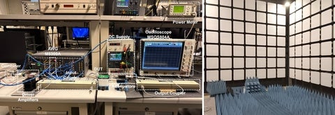 Power amplifier characterization bench with signal generator, oscilloscope and couplers, beside the anechoic chamber used for over-the-air measurements