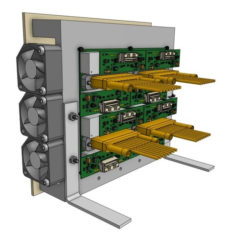 Rendering of the FR3 MIMO front-end rack with stacked circuit boards and antennas