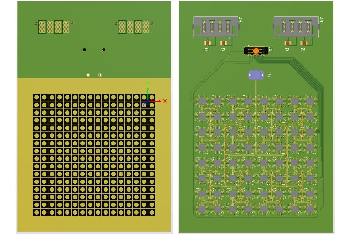 Layout of the 16 by 16 dual-circularly-polarized active phased array antenna, patch face and feed face side by side