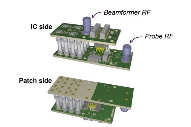 Exploded rendering of the near-field probing array showing the beamformer IC side and the patch side