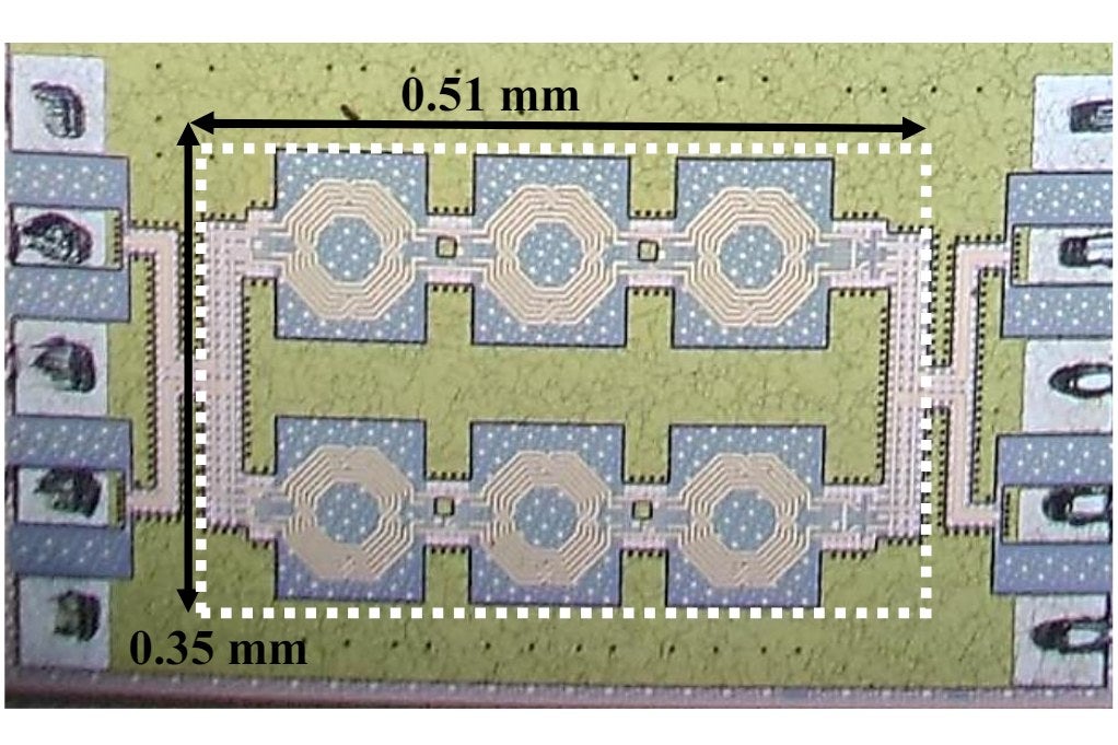 Die photograph of a bidirectional variable-gain phase shifter measuring 0.51 by 0.35 millimetres