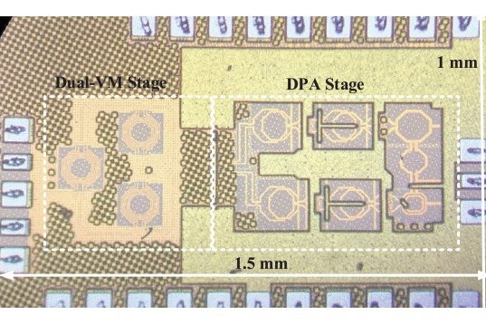 Die photograph of a 1.5 by 1 millimetre beamforming Doherty power amplifier with a dual vector-modulator stage and a Doherty stage