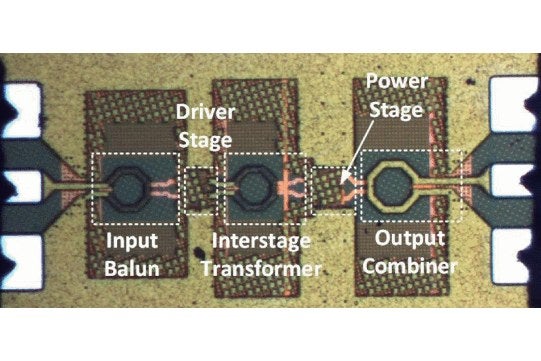 Die photograph of a 60 GHz power amplifier with input balun, driver stage, interstage transformer, power stage and output combiner