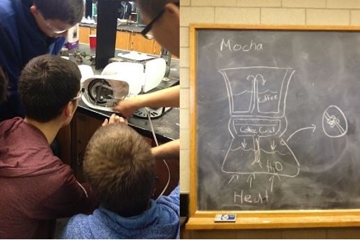 Students examining the innards of a coffee maker and a blackboard shows a diagram of the inner workings of a coffee maker