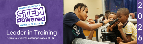 Logo and image of a high school youth supporting a camper to look into a microscope