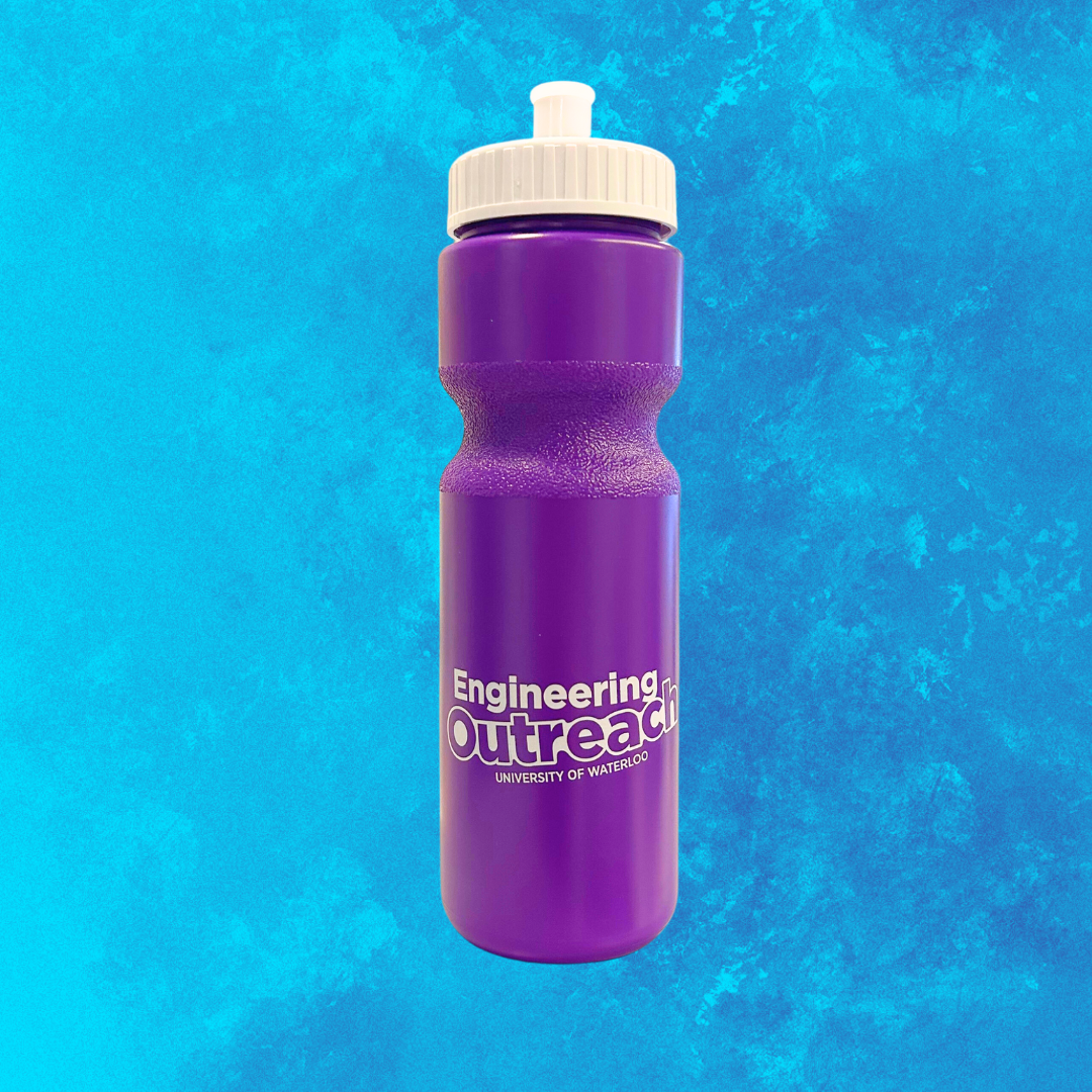 Purple water bottle with Engineering Outreach logo over a blue background 