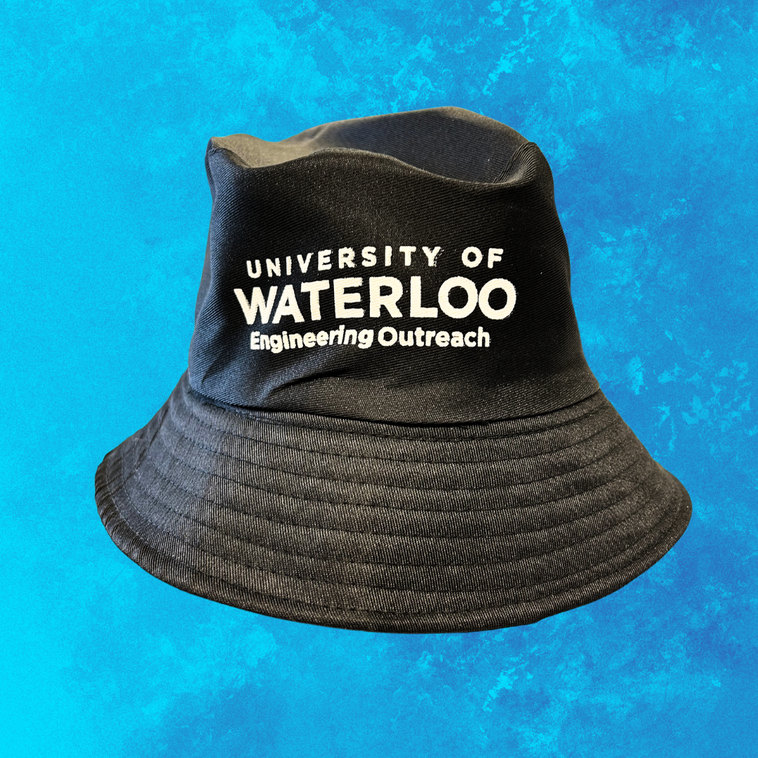 Black bucket hat with University of Waterloo Engineering Outreach branding over blue background