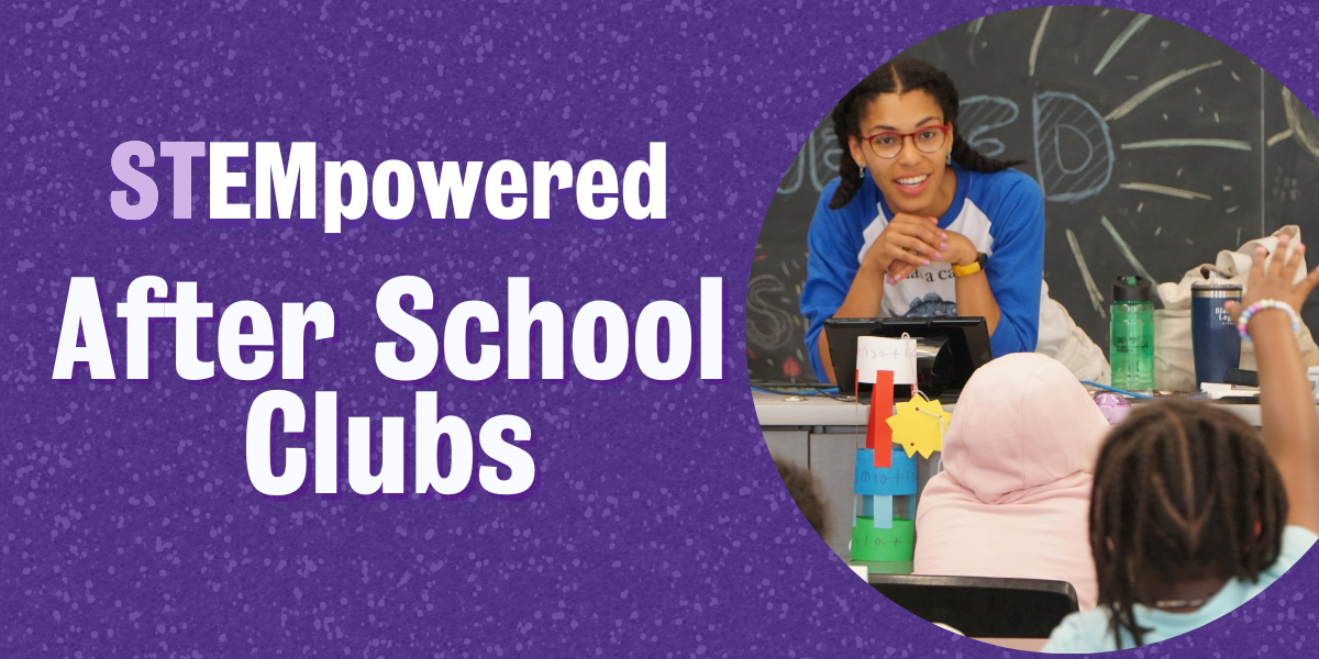STEMpowered After School Clubs with photo of participant raising hand in a program room