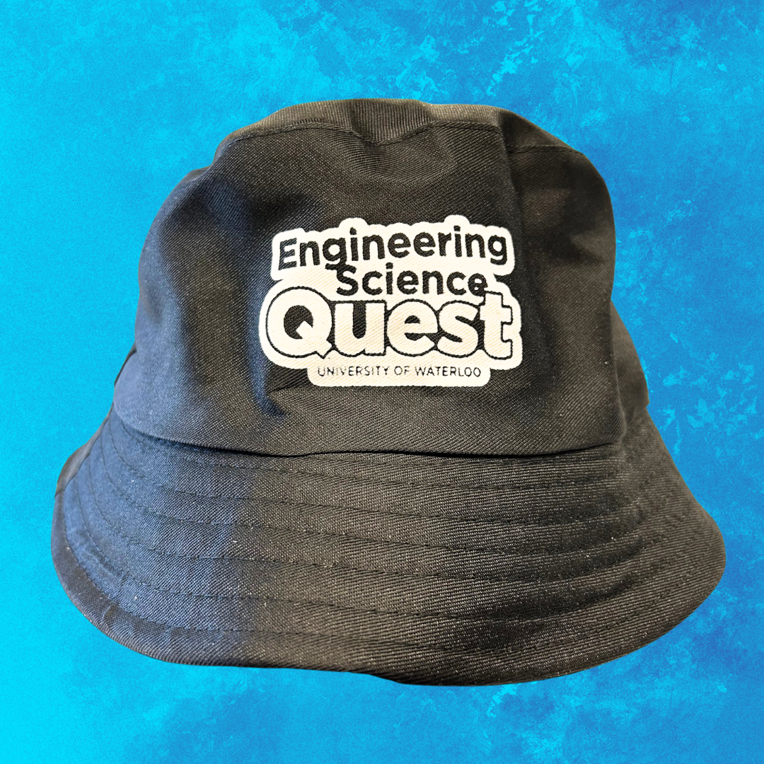 Black bucket hat with Engineering Science Quest logo over blue background 