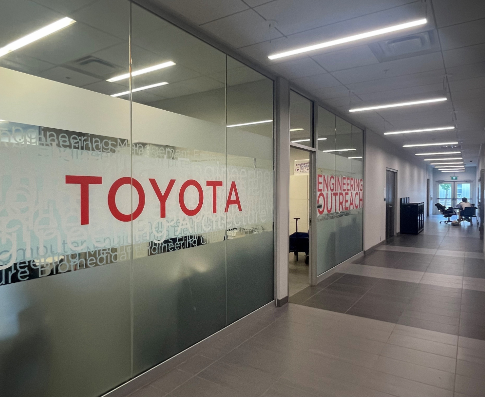 hallway with office with Toyota written on wall