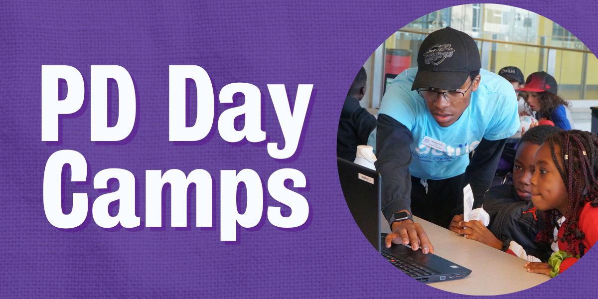 STEMpowered PD Day Camps with photo of facilitator assisting participants with code on a laptop