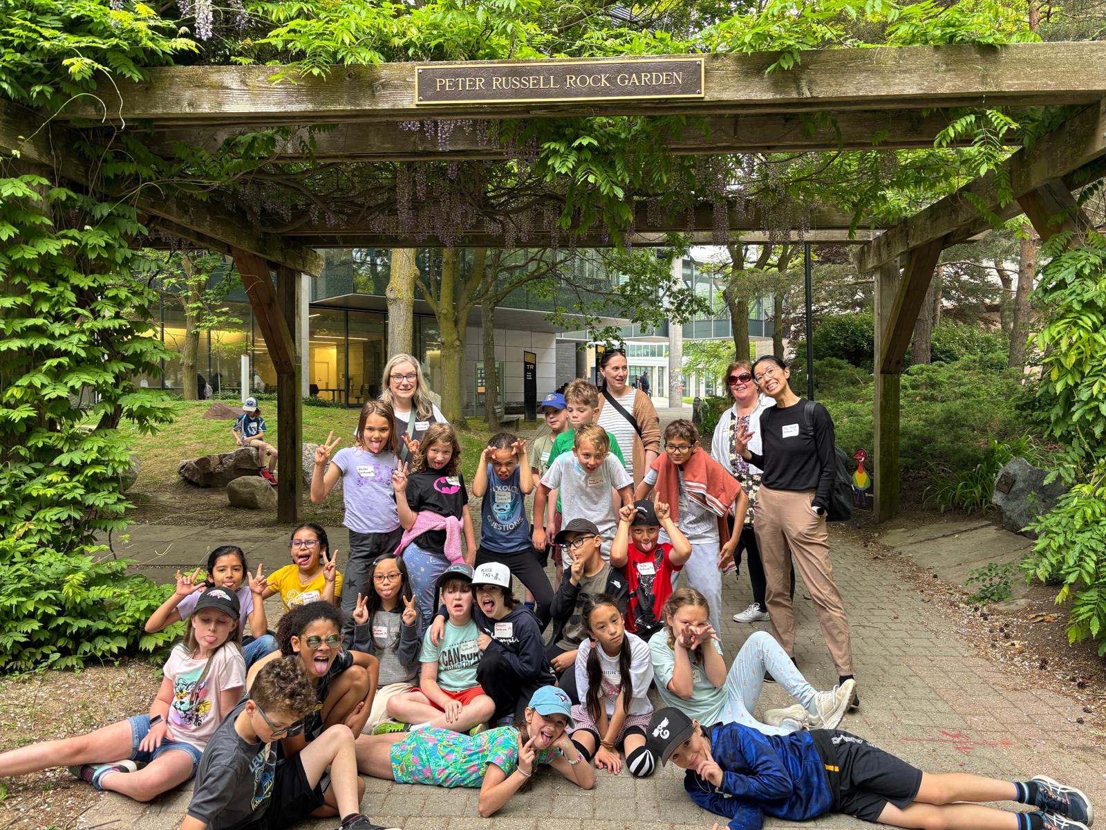 Grade 4 class photo during Kids on Campus trip in the Peter Russell Rock Garden