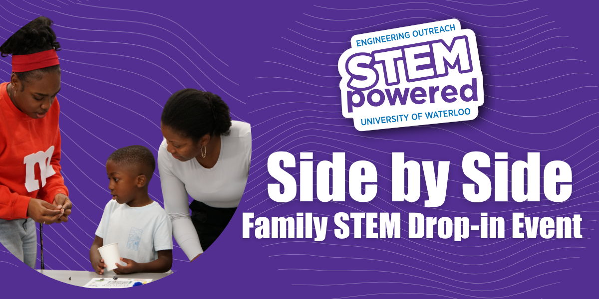 STEMpowered Side by Side Family STEM Drop-in Event with image of facilitator showing activity to a family