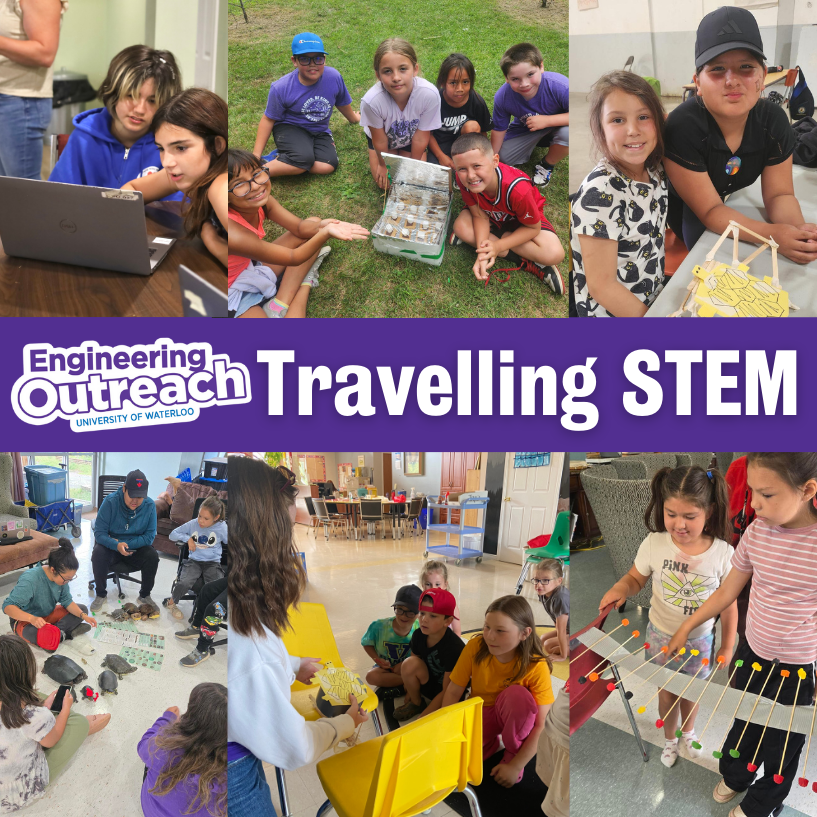 Travelling STEM title with images of participants doing hands-on STEM activities