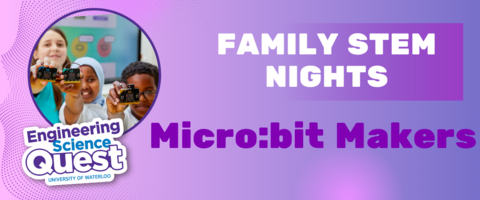 Three children smiling and holding up micro:bit computers to the camera. Banner with the title Family STEM Nights and Micro:bit Makers