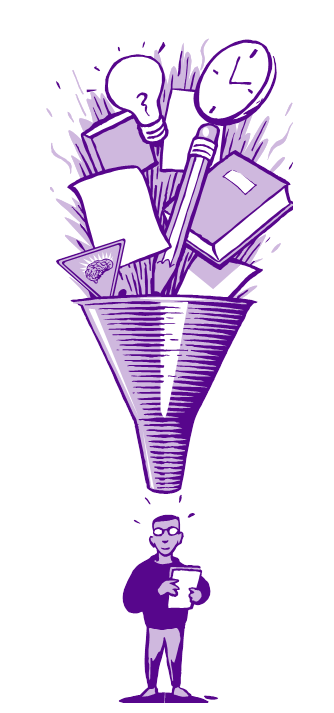 Graphic of a student, and a funnel-like object above them , with books and school supplies going inside of it