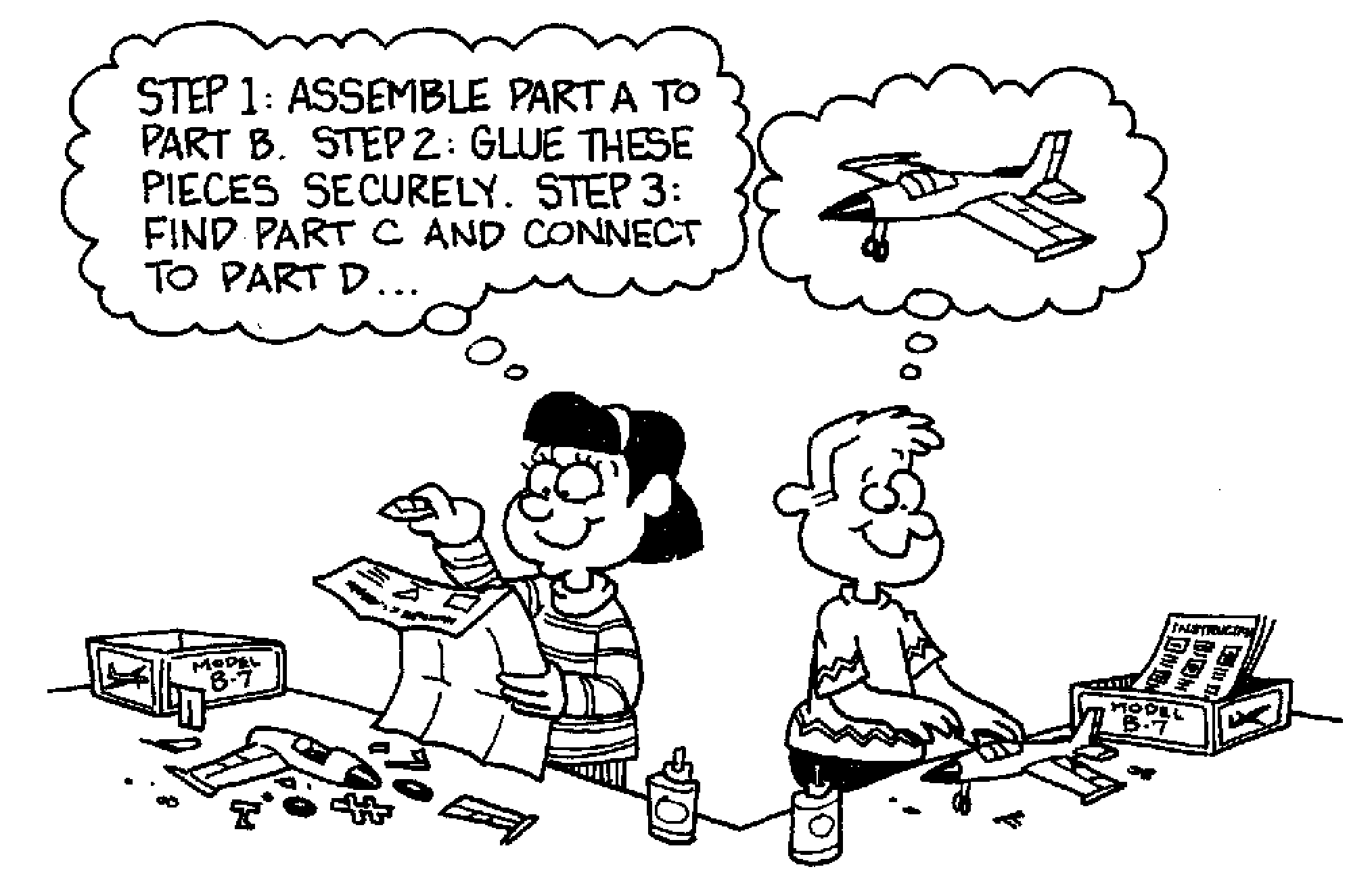 Cartoon showing a young girl reading step-by-step instructions in order to build a rocket, and then in contrast, a young boy imagining the finished plane in order to build his