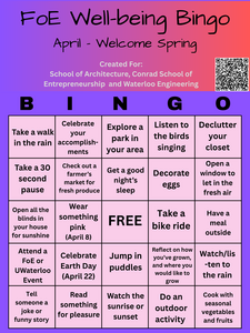 April wellbeing bingo card
