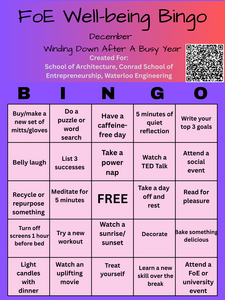 December wellbeing bingo card