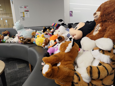 couch filled with stuffed animals
