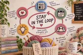 staying in the loop sign with yarn and supplies for knitting and crochetting