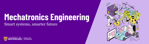 Text that says "Mechatronics Engineering: Smart systems, smarter future" with a drawing of various mechatronics engineering imagery