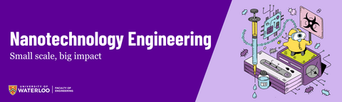 Text that says "Nanotechnology Engineering: Small scale, big impact" with a drawing of various nanotechnology engineering imagery